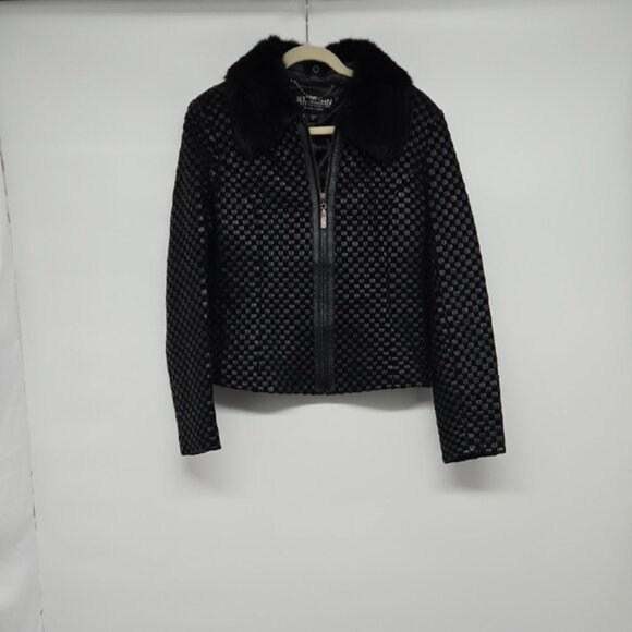 Vintage St. John Black Textured Women's Jacket With Rabbit Fur Collar Zipper M - Picture 1 of 16